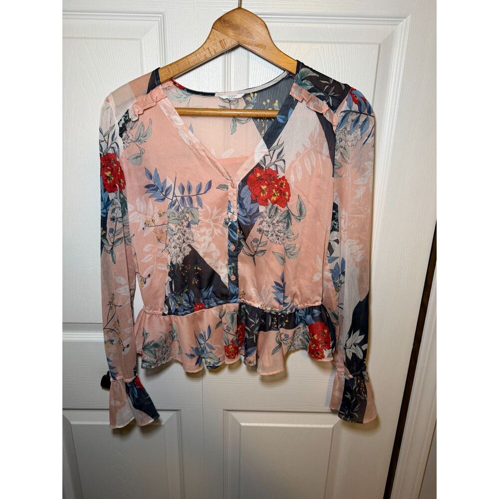 Guess Floral Peplum Blouse Women's Medium Pink Sheer Ruffle Long Sleeve